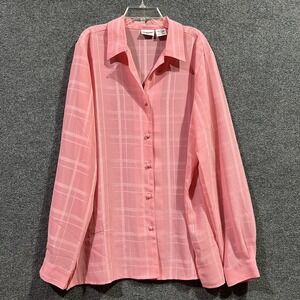 Vintage Liz Baker Shirt Womens 16 Pink Semi Sheer Windowpane Button Up Retro